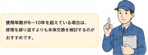 使用年数が8~10年を超えている場合は修理より交換を検討するのがおすすめと解説する作業員