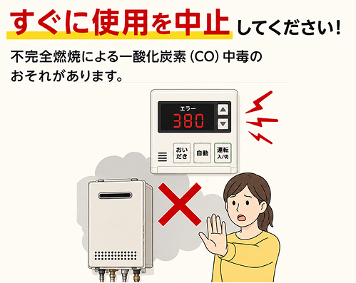 給湯器にエラー「380」が表示されたら、不完全燃焼による一酸化炭素中毒の恐れがあるため、すぐに使用を中止すること