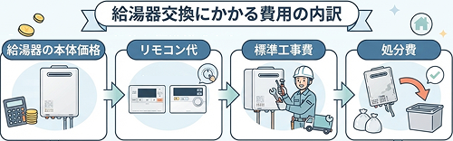 給湯器交換にかかる費用の内訳は、「給湯器の本体価格+リモコン代+標準工事費+処分費」